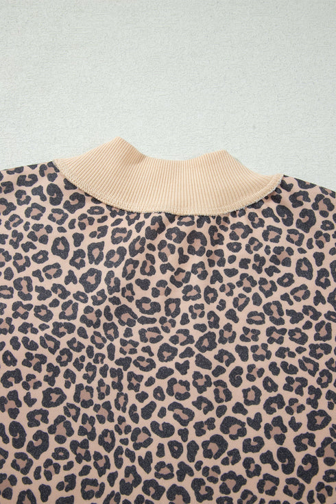 Leopard Print High Neck Long Sleeve Ribbed Cuffs Hem Sweatshirt