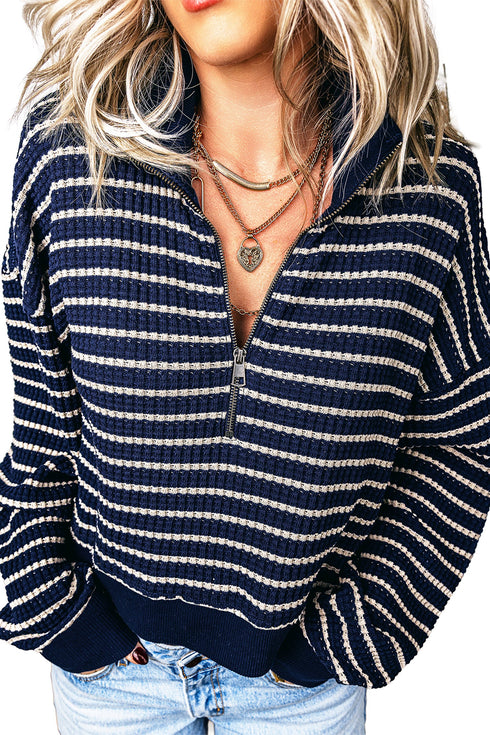 Striped Textured Knit Half Zip Collared Long Sleeve Top