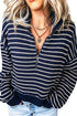 Striped Textured Knit Half Zip Collared Long Sleeve Top