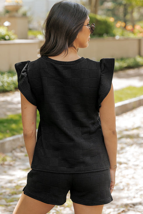 Textured Ruffle Sleeve Drawstring Waist Solid Short Set