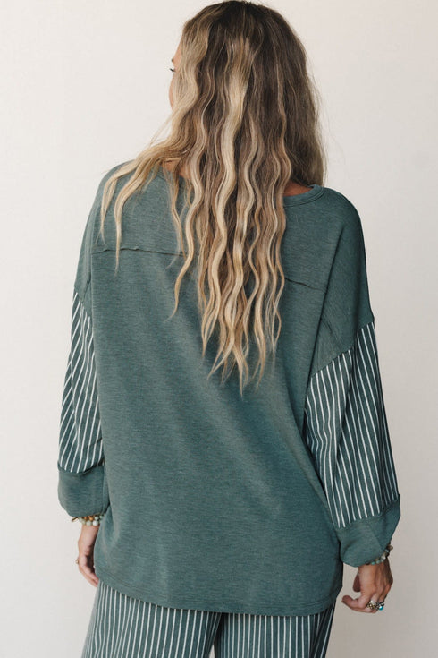 Raw Seam Patchwork Long Sleeve Top Pocket Two Piece Pant Set
