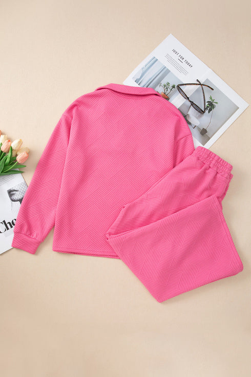 Solid Textured Collared V Neck Wide Leg Pant Sets