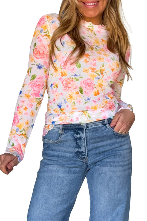 Floral Print Sheer Mesh Lettuce Trim Long Sleeve Top