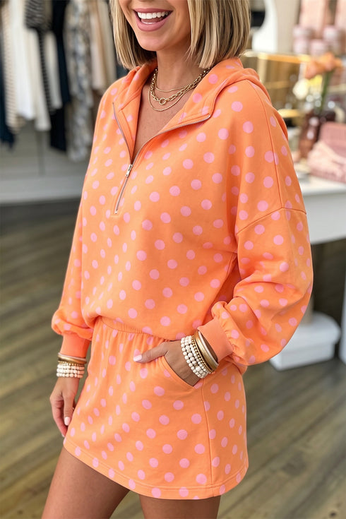 Polka Dot Hooded Long Sleeve Top Skort Dress Set
