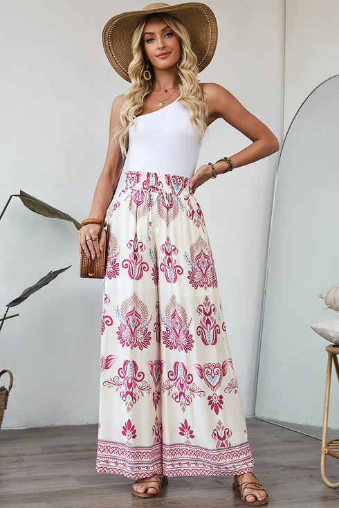 Bohemian Printed Smocked High Waist Wide Leg Pants