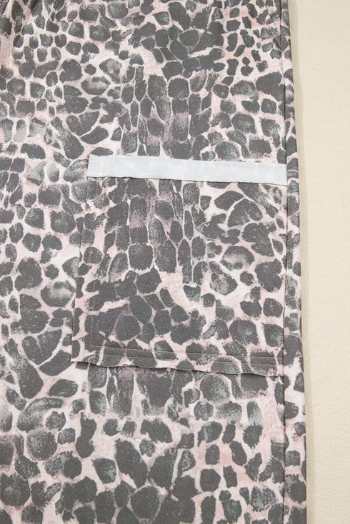 Leopard Print Raw Edge Drawstring Wide Leg Pants