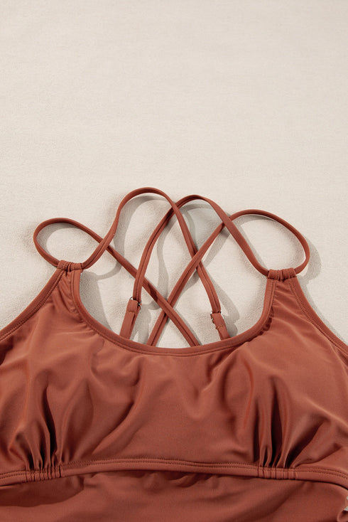 Ruched Side Tie Strap Leaf Print Tankini Set