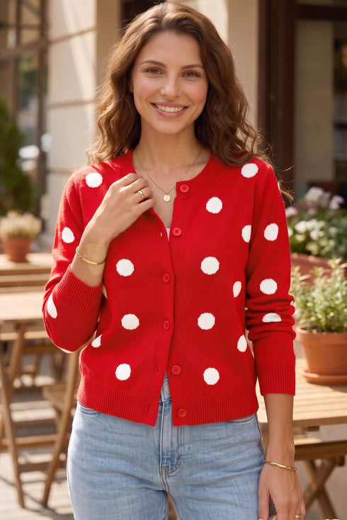 Polka Dot Button Front Long Sleeve Sweater Cardigan