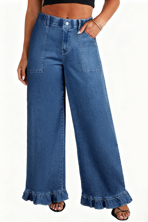 Elastic Waist Ruffled Wide Leg Denim Pants