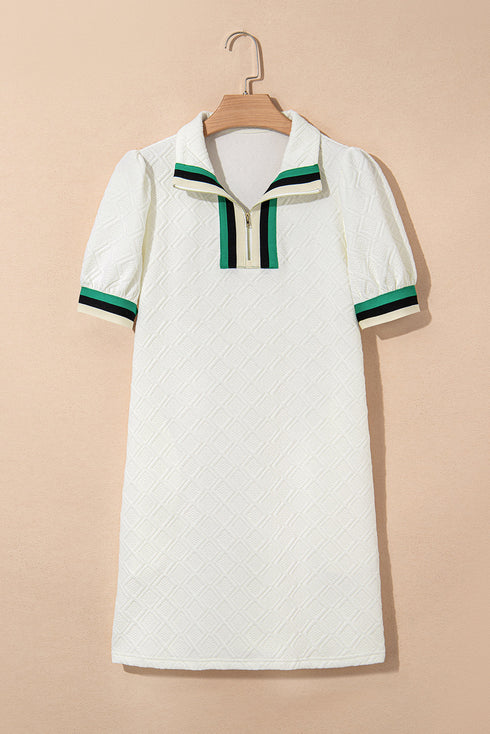 Textured Contrast Trim Puff Sleeve Quarter Zip Mini Dress