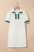 Textured Contrast Trim Puff Sleeve Quarter Zip Mini Dress