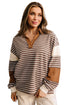 Striped Textured Collar V Neck Long Sleeve Pullover Top