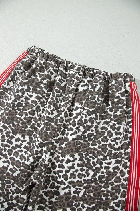 Denim Leopard Print Patchwork Elastic Waist Jeans