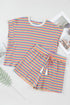Striped Crew Neck Tassel Drawstring Matching Short Set