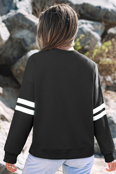 Sequin Ghosts Bows Graphic Varsity Striped Sleeve Pullover Sweatshirt