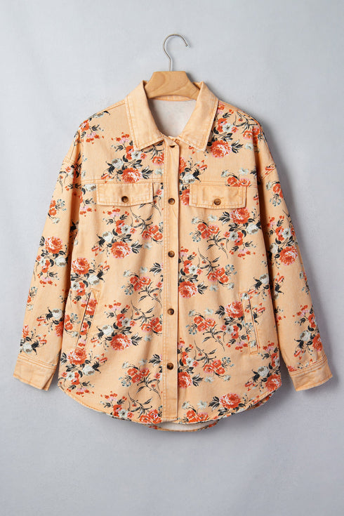 Floral Print Tunic Length Long Sleeve Denim Jacket