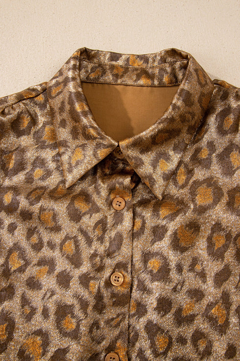 Metallic Leopard Print Dolman Sleeve Button Down Shirt