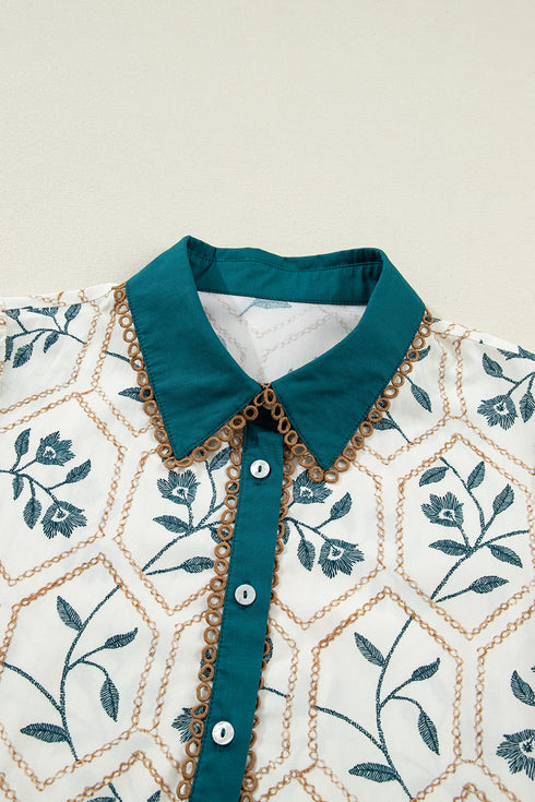 Geometric Floral Print Lace Trim Collared Short Sleeve Mini Dress