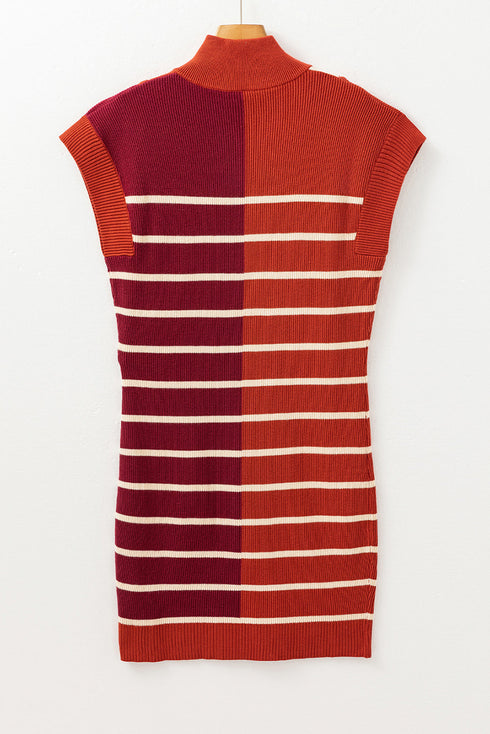 Striped Ribbed Knit Half Zip Mini Dress