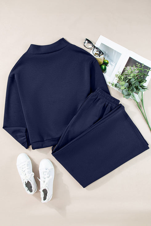 Cowl Neck Drawstring Pullover Wide Leg Athleisure Pant Set