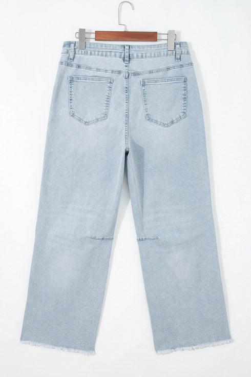 Denim Sequin Rugby Pattern Raw Hem Jeans