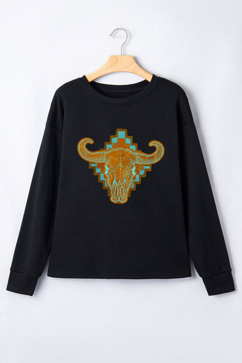 Western Steer Head Print Long Sleeve Round Neck Shift Sweatshirt