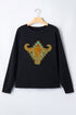 Western Steer Head Print Long Sleeve Round Neck Shift Sweatshirt