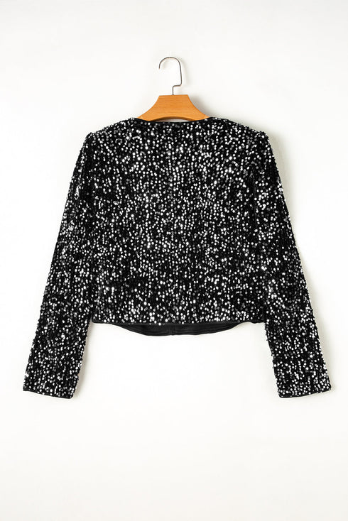 Elegant Solid Sequined Open Front Cropped Jacket