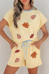 Ribbed Sequin Leaf Graphic Trim Two Piece Short Set