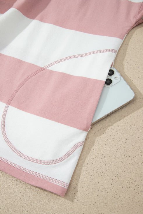 Striped Half Zip Bracelet Sleeve Top Short Set