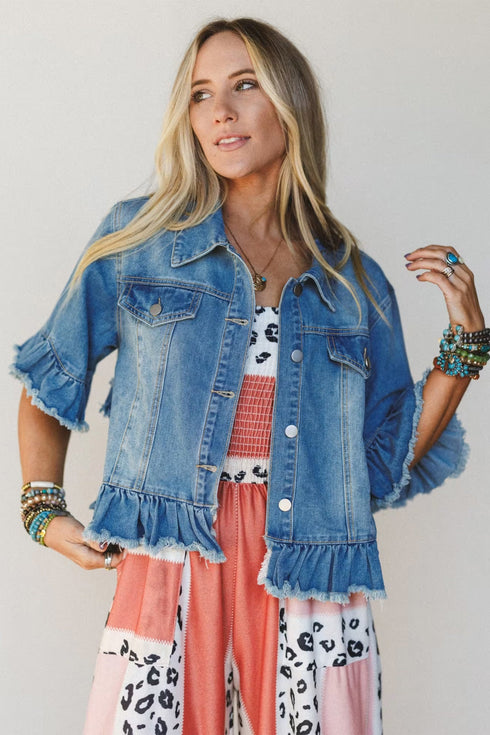 Half Sleeve Ruffle Hem Raw Edge Western Denim Jacket