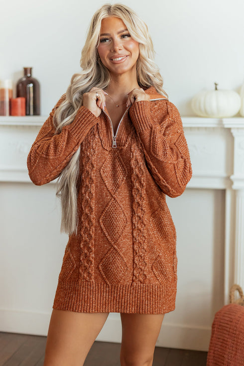 Zip Up Cable Knit Drop Shoulder Sweater Dress