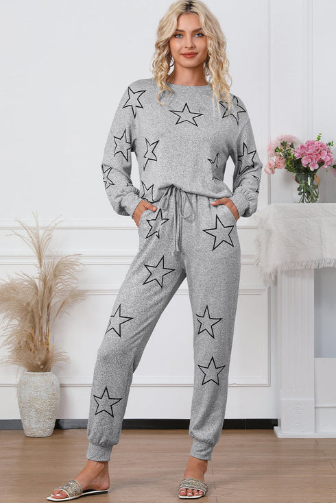 Star Print Long Sleeve Drawstring High Waist Pant Set
