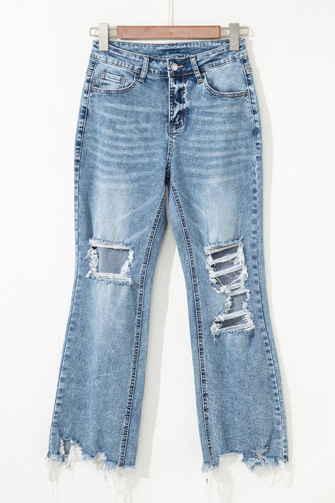 Distressed Open Knee Raw Hem Fit Flare Jeans