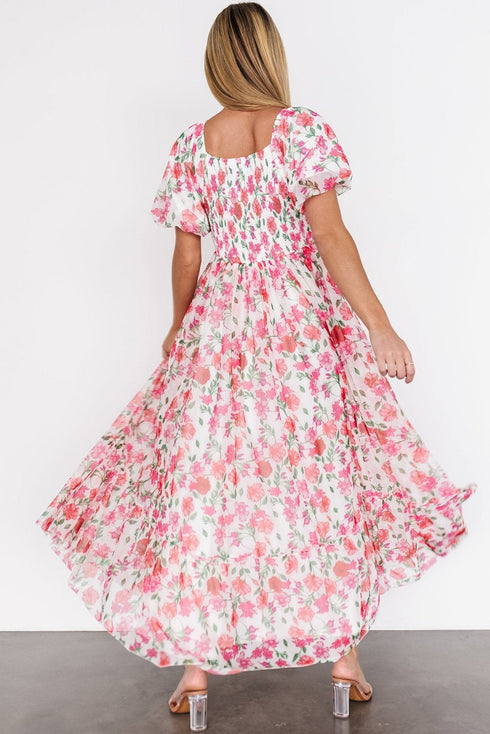Floral Square Neck Puff Sleeve Ruffle Maxi Dress