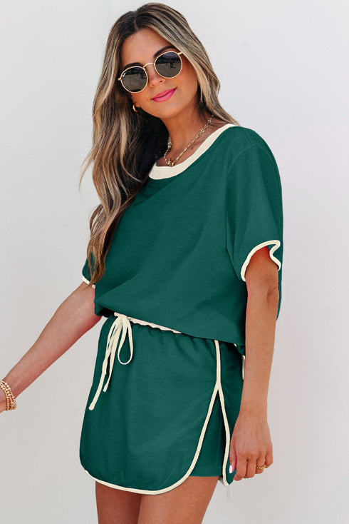 Contrast Trim Drop Shoulder Two Piece Skort Set
