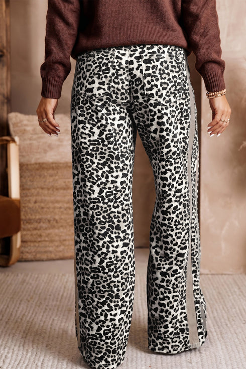 Leopard Print Drawstring Waist Straight Leg Jeans