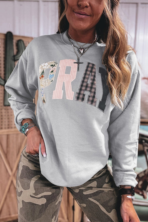 Western Floral Buffalo Plaid Striped Embroidered Patch Pullover Sweatshirt