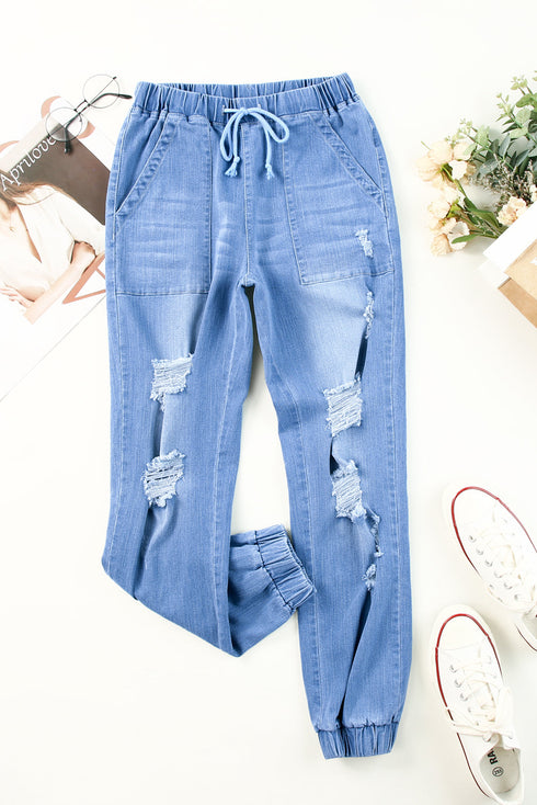 Distressed Pocketed Stretch Denim Jogger Jeans