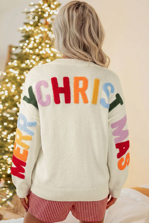 Slogan V Neck Button Front Embroidered Knit Cardigan