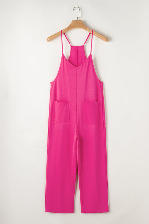 Solid Casual Adjustable Spaghetti Strap Straight Leg Jumpsuit