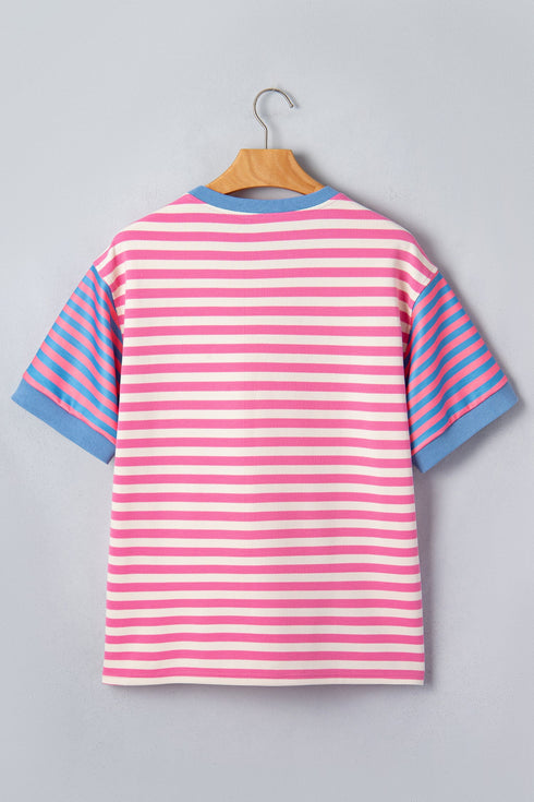 Stripe Print Contrast Patchwork Short Sleeve Loose Tee
