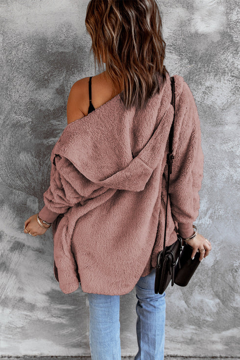 Chic Soft Fleece Hooded Open Front Jacket