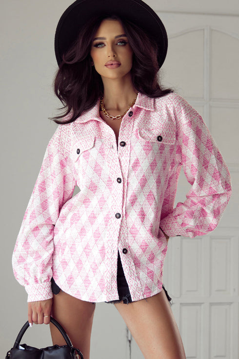 Geometric Checkered Print Textured Flap Pocket Jacket