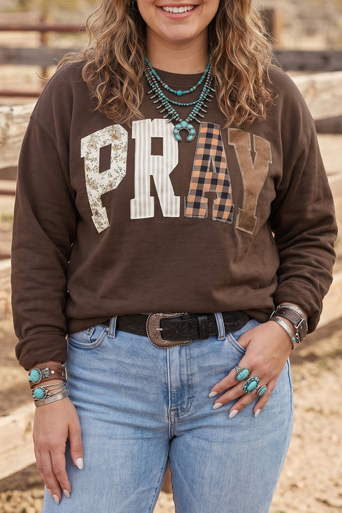 Pray Letter Applique Patchwork Round Neck Long Sleeve Sweatshirt