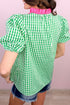 Gingham Plaid Bubble Sleeve Tailored Trim V Neck Blouse