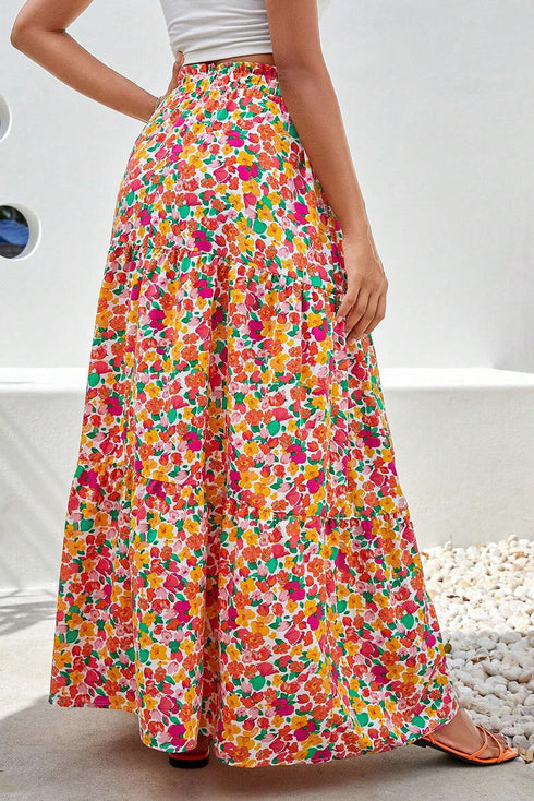 Bohemian Floral Print Tiered A Line Long Skirt