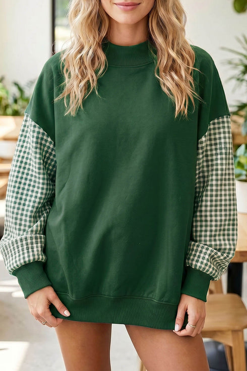 Plaid Sleeve Paneled Mock Neck Loose Tunic Sweatshirt