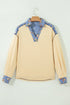 Floral Denim Patchwork Collar V Neck Long Sleeve Pullover Top