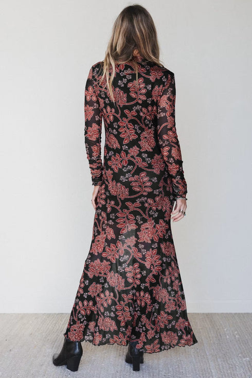 Retro Floral Print Long Sleeve Mesh Maxi Dress